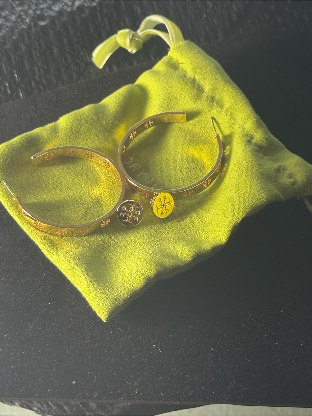 Tory Burch Gold-Tone Double Logo Cuff with Yellow Enamel Accent